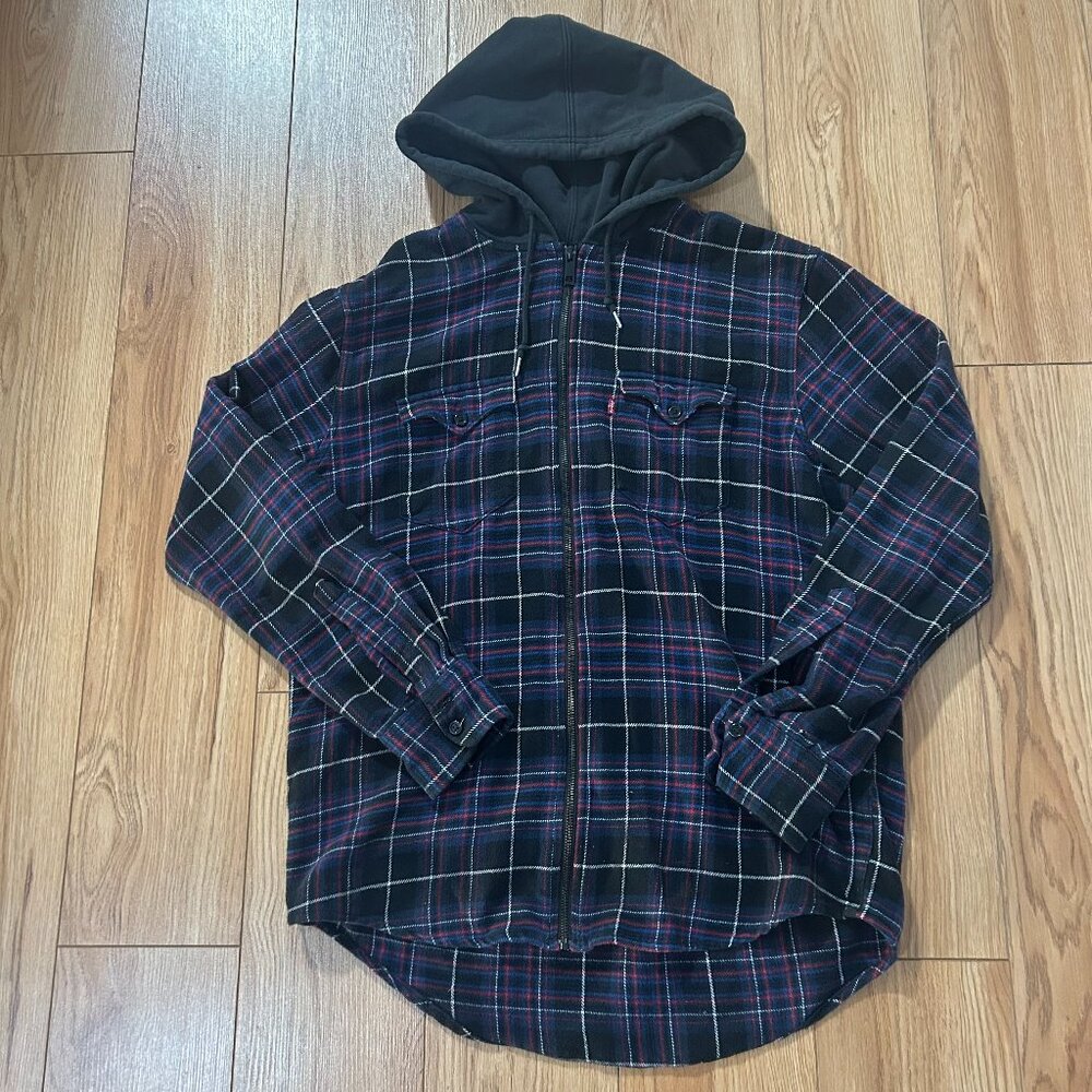 Levis Hooded Plaid Jacket Mens MEDIUM Blue Black Red Cotton Lumberjack